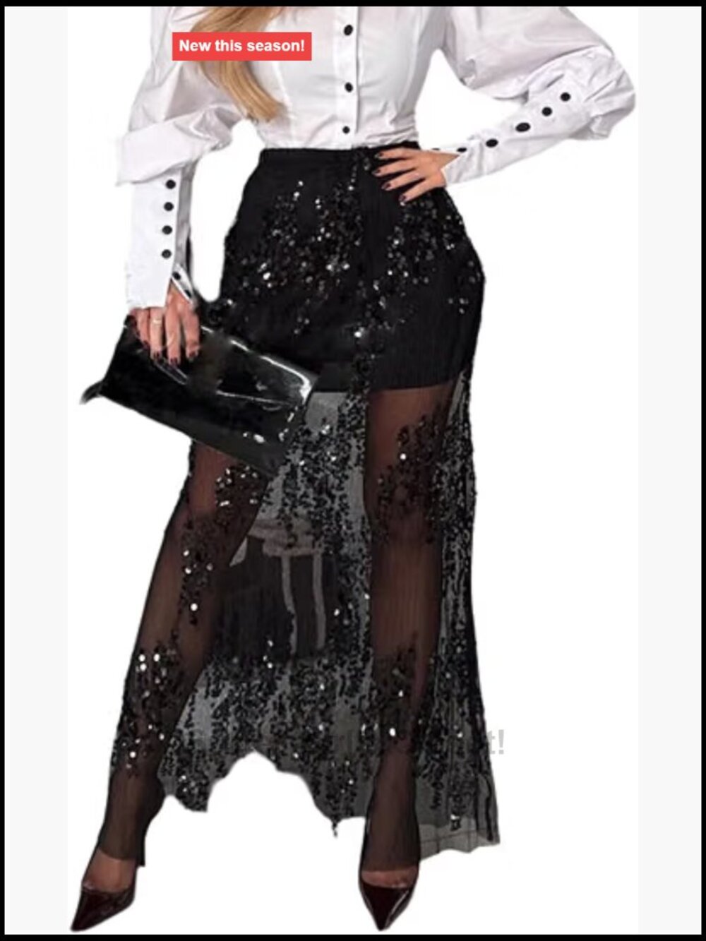 Maxi Sequin Skirts for Women Mesh High Waist Sheer Patchwork Night Out Club
